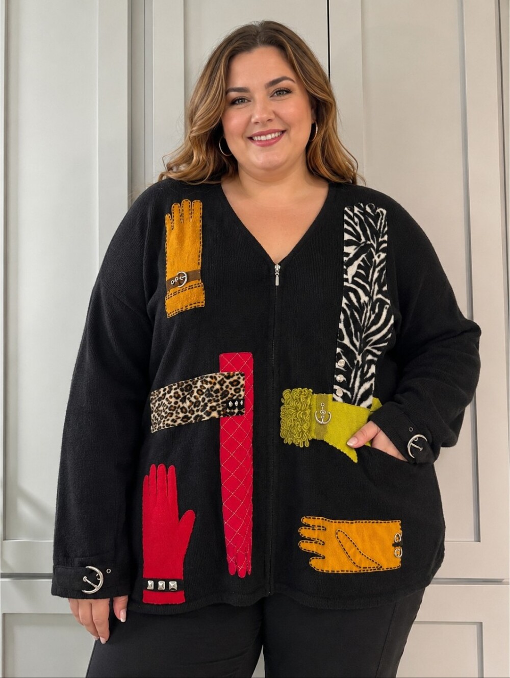 Susan Bristol Black Zip Front Jacket with Colorful Glove Appliqués